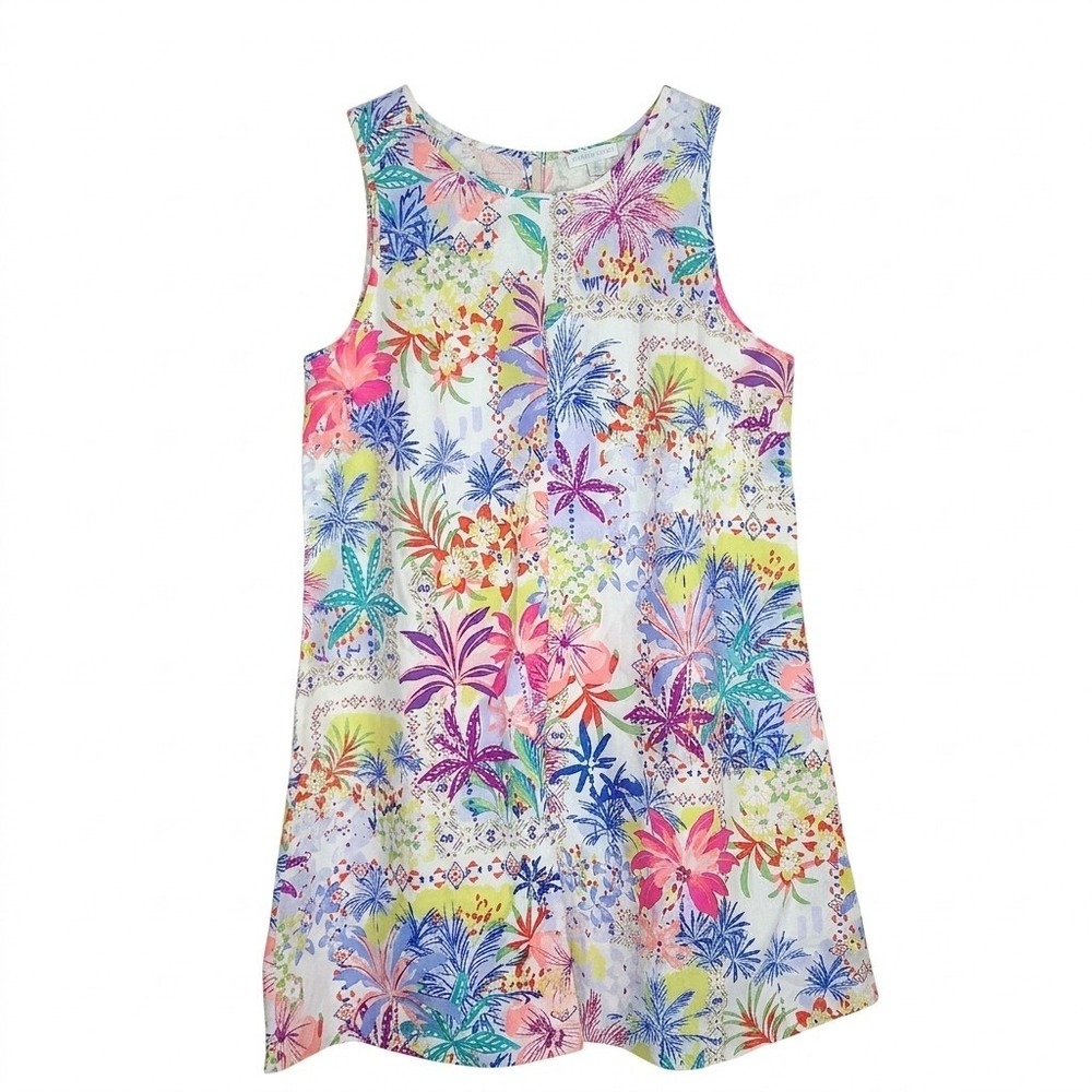 London Times White Floral Linen Blend‎ Shift L Dress Preppy Coastal Old Money